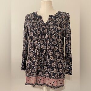 Lucky Brand Navy and Pink Floral V-Neck Tunic Women’s Shirt | Size M